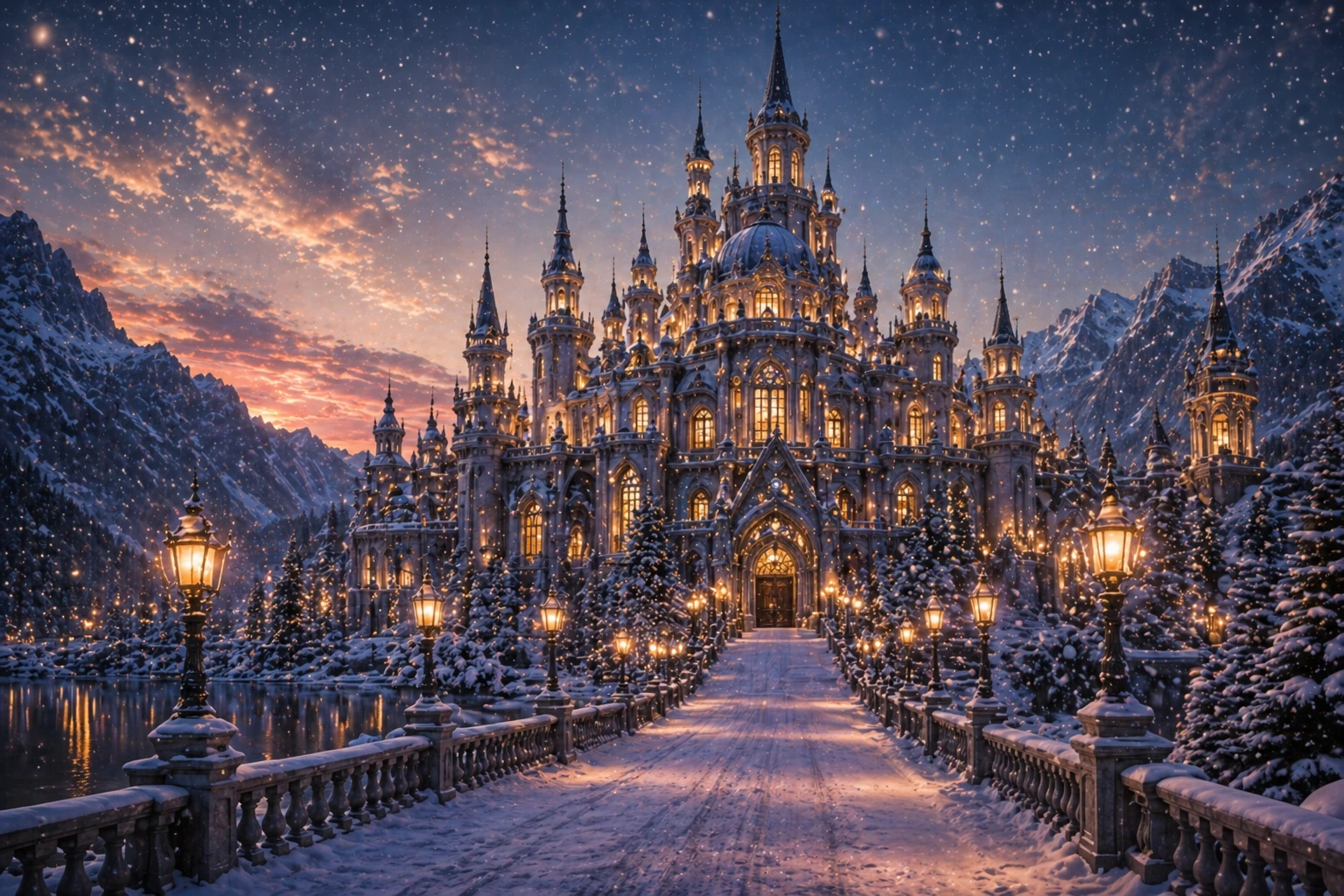 Castillo iluminado en un paisaje de invierno